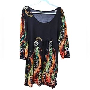 R&B Collection 3X Paisley Empire Waist Tunic Dress Brown Orange Green Stretch